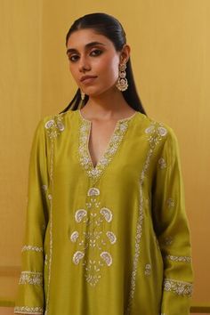 Lime green full sleeves A-line kurta with Bahar silk thread embroidery, highlighted with zari and sequins. Paired with a pant and an embroidered dupatta. - Aza Fashions Pista Green Long Sleeve Silk Kurta, Festive Long Sleeve Dresses With Gota Work, Elegant Green Tops For Eid, Silk Anarkali Kurta With Long Sleeves, Silk Anarkali Long Sleeve Kurta, Designer Long Sleeve Tunic With Dupatta, Long Sleeve Gota Work Dresses For Eid, Pista Green Long Sleeve Kurta For Transitional Season, Eid Long Sleeve Dress With Gota Work