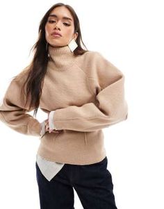 ASOS DESIGN funnel neck sweater with structured sleeve detail in camel | ASOS Elegant Beige Funnel Neck Sweater, Stretch Funnel Neck Sweater With Ribbed Collar, Luxury Beige Funnel Neck Sweater, Cream Funnel Neck Knit Sweater, Luxury Solid Funnel Neck Sweater, Funnel Neck Sweater, Funnel Neck, Sleeve Detail, Funnel