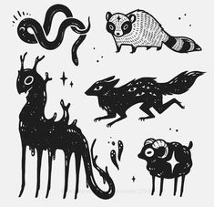 an image of some animals that are in black and white ink on a white background