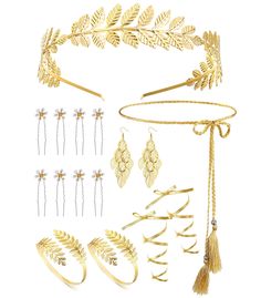 a set of gold jewelry including bracelets, earrings and rings with leaves on them