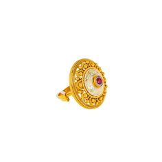 Embellish your hand with the exquisite charm of this 22k antique gold cocktail ring by Virani Jewelers. This unique gold ring boasts traditional Indian designs and colorful rubies and cubic zirconia, creating a captivating piece of fine gold jewelry. Elevate your style with this stunning gold cocktail ring, perfect for adding a touch of elegance to any attire.Features• 22k yellow gold• Cubic zirconia• Ruby• Antique finish• Engraved detailsSpecifications:• Minimum Width - 1.85 millimeters• Maximu Festive 22k Gold Rings With Intricate Design, Yellow Gold Gemstone Ring In Temple Jewelry Style, Yellow Gold Gemstone Temple Jewelry Ring, Yellow Gold Temple Jewelry Ring With Gemstone, Yellow Gold Gemstone Temple Ring, Traditional Oval Rings With Intricate Design, Traditional Gold Ruby Ring As Gift, Traditional Oval Filigree Wedding Ring, Festive Yellow Gold Rings