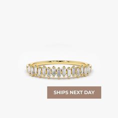 "Diamond Ring / 14k Gold Stackable Baguette Diamond Women's Wedding Ring / Half Eternity Stacking Diamond Ring / Ferkos Fine Jewelry Features * Made to Order * Gold Kt: 14K (also available in 18K) * Available Gold colors: Rose Gold, Yellow Gold, White Gold * Baguette Diamond: 15 pcs 2.25x1.25  * Number of Stones: 15 * Total CTW: 0.24 * Diamond Color Clarity: G Color VS Clarity * Ready to Ship in 1-2 Business Days If you have any additional questions about this ring, just hit the \"Ask a Question\" button (just to the right of the price) and we will get back to you within a few hours.  ▶ See more of our Diamond Rings - http://etsy.me/2lwKUl8 ▶ See our storefront here - http://etsy.me/2lUcVnH  ▶ All store sections here * Diamond Rings - http://etsy.me/2lwKUl8 * Diamond Earrings - http://etsy Baguette Cut Diamond Promise Ring Jewelry, Gift Emerald Cut Eternity Band With Baguette Diamonds, Gift Emerald Cut Baguette Diamond Eternity Band, Emerald Cut Eternity Band With Baguette Diamonds, Stackable Baguette Cut Diamond Ring For Anniversary, Diamond White Eternity Band With Baguette Diamonds For Anniversary, Gold Half Eternity Baguette Ring, Gold Baguette Ring With Half Eternity Detail, Gold Baguette Ring With Half Eternity Design