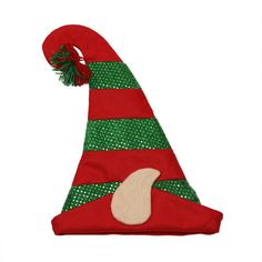 This hat is sure you make you stand out in a crowd! Don't forget this fun accessory when you're dressing for all of your holiday parties this year! Product Features: Red and green hat features red glitter and sequin stripes Depicts elf ears and a pom-pom on the top of the hat Care instructions: spot clean only Overall dimensions: 17" high x 13" wide One size fits most Brim: 22" diameter Material(s): polyester/yarn Christmas Elf Hat, Elf Ears, Christmas Central, Elf Hat, Green Hats, Polyester Yarn, Cool Hats, Red Glitter, Red And White Stripes