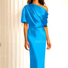 Unworn Light Blue Satin Dress For Banquet, Blue Satin Evening Dress For Banquet, Blue Pre-draped Maxi Dress For Cocktail, Blue Pre-draped Evening Dress, Blue Spring Banquet Dress, Elegant Light Blue Dress For Banquet, Chic Blue Draped Evening Dress, Blue Satin Gown For Banquet, Blue Evening Gown For Gala