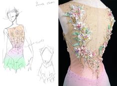 a drawing of a dress with flowers on it and an image of a woman's back