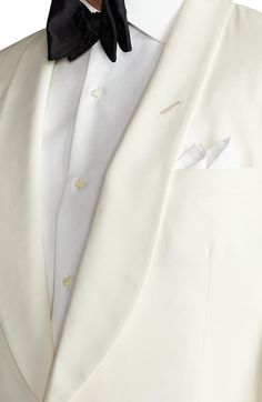 "Find RALPH LAUREN Gregory Wool Barathea Dinner Jacket on Editorialist. Classic in color, cut and composition, this cream-hued dinner jacket sets a polished course, tailored with a shawl collar and welt pockets from wool barathea. 30\" length (size 40R) One-button closure Shawl collar Nonfunctional four-button cuffs Chest welt pocket; front welt pockets Side vents Cupro lining 100% wool Dry clean Made in Italy Men's Designer Clothing" Lauren Gregory, Dinner Jacket, Ralph Lauren Purple Label, Designer Clothes For Men, Shawl Collar, Welt Pockets, Welt Pocket, Shawl, Designer Clothing