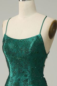 Dark Green Beaded Bodycon Homecoming Dress With Criss Cross Back Dark Green Embroidered Dress, Beaded Homecoming Dress, Forest Green Dress Short, Dark Hoco Dresses, Dark Green Hoco Dress, Bodycon Prom Dress, Dress With Criss Cross Back, Tight Homecoming Dress, Bodycon Dress Homecoming