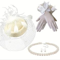 The 4pcs Beige Fascinator Hat Headband Set Is A Charming Collection Perfect For Tea Parties, Vintage-Themed Events, Or Elegant Occasions. This Stylish Set Includes A Beautifully Crafted Beige Fascinator Hat Headband Adorned With Delicate Details, Exuding Timeless Sophistication. Complementing The Headpiece Are A Pair Of Short Lace Gloves That Add A Touch Of Classic Elegance To Your Ensemble. The Set Also Features A Faux Pearl Necklace And Matching Earrings, Providing A Refined Finishing Touch. T Elegant Adjustable Costume Accessories For Party, Elegant Winter Adjustable Fascinator, Elegant Mini Hats For Wedding And Holiday, Elegant Fitted Winter Costume Accessories, Elegant Adjustable Fascinator As A Gift, Elegant Winter Party Costume Accessories, Elegant Spring Mini Hats As Gifts, Elegant Spring Mini Hats For Gifts, Fascinator Veil