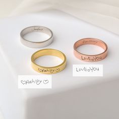 This handwriting ring is perfect for everyday wear. Turn your loved one's actual handwriting into treasured jewelry for you to cherish always or as a unique and meaningful gift for your loved ones, for any occasion... that is a perfect sentimental gift for both him and her. There are available in silver, gold, and rose gold.  Our jewelry pieces come equipped with everything you need for gifting, a gift box included with every purchase at no additional cost. --How to Order-- 1.[In Drop Down Menu] Signature Ring, Handwriting Gifts, Portrait Necklace, Custom Signature, Signature Rings, Pet Memorial Jewelry, Photo Necklace, Pet Memorial Gifts, Unisex Ring