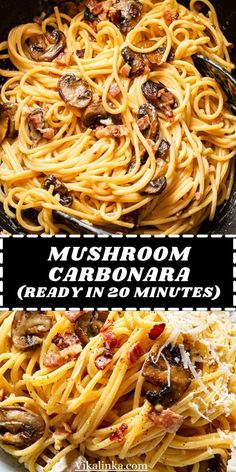 mushroom carbonara pasta in a skillet with mushrooms and parmesan cheese