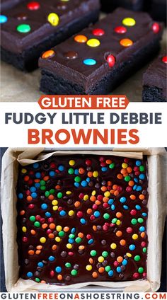 gluten free fudgey little debie brownies with chocolate frosting and sprinkles