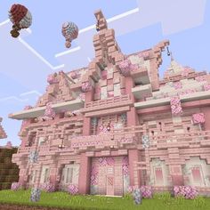 a large pink house with lots of windows and flowers on the front, in minecraft