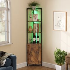 a room with a blue couch and a green lighted shelf filled with wine bottles, books, and other items