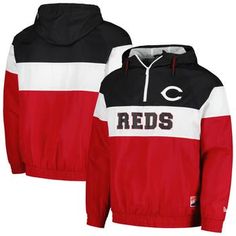 Make your allegiance to the Cincinnati Reds known with this Ripstop quarter-zip windbreaker from New Era. Raglan sleeves increase your arm room for comfort, while a lightweight construction complete with a hood keeps you protected from inclement weather. Thanks to its bold Cincinnati Reds design, this jacket ensures your fandom is seen from all angles. Hooded 1/4-Zip Zipper garage Material: 100% Polyester Officially licensed Machine wash with garment inside out, tumble dry low Brand: New Era Lon Sporty Hooded Outerwear For Game Day, Red Hooded Track Jacket For Outdoor Activities, Red Windbreaker With Drawstring Hood For Fall, Red Fall Windbreaker With Drawstring Hood, Red Nylon Hooded Track Jacket, Hooded Red Track Jacket For Sports Season, Sporty Red Windbreaker With Drawstring Hood, Red Hooded Outerwear For Sports Events, Functional Red Outerwear With Drawstring Hood