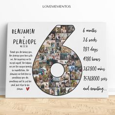 a large poster with the number six in it's center and pictures of people