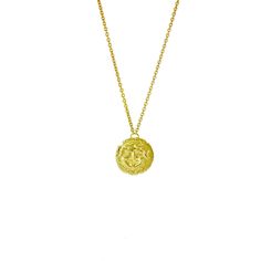 Stop them in their tracks with the arresting gaze of our Medusa necklace. Fashioned in sterling silver or 18K yellow gold, this coin pendant hangs on a fine trace chain. The reverse side features a standing bull with an olive branch at its feet. Wear this unique necklace on its own or layered with others for a relaxed bohemian feel.  The myth of Medusa is characterised by paradox, both in terms of her actual stare, which turned men to stone, and in the interpretations that have been given to it. The fascination that she exerts arises from a combination of beauty and fear. Her head was used, in Ancient times, as an apotropaic mask - a talisman to ward off bad luck and the 'evil eye'. Handmade in London, England. Pendant measures: 14mm Chain length: 18 inches Bolt ring fastening (silver), Lo Yellow Gold Medallion Necklace With Adjustable Chain, Yellow Gold Coin Pendant Necklace In Sterling Silver, Yellow Gold Medallion Coin Necklace With Adjustable Chain, Yellow Gold Tarnish Resistant Medallion Necklace, Amulet Style Yellow Gold Sterling Silver Coin Necklace, Amulet Sterling Silver Coin Necklace In Yellow Gold, Yellow Gold Medallion Necklace, Symbolic Yellow Gold Coin Pendant Necklace, Yellow Gold Sterling Silver Medallion Necklace