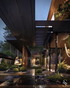 an exterior view of a modern house at night with lights on the ceiling and plants in the foreground