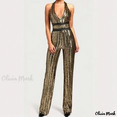 Olivia Mark - Stylish High-Waisted Sequin Jumpsuit with Waist Belt for Party and Leisure Slim Fit Casual Pants, Cincher Belt, Embellished Jumpsuit, Sequin Jumpsuit, Waist Cincher, Sporty Look, Champagne Gold, Casual Boots, Waist Belt