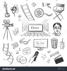 hand drawn doodle style movie and film icons in black and white on a white background