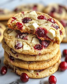 cranberry white chocolate cookies stacked on top of each other