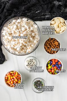 the ingredients for this halloween treat include marshmallows, popcorn, pretzels, and candy corn