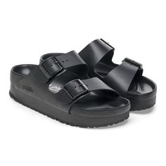 Arizona PAP Flex Platform Natural Leather Black Birkenstocks, Sandals Birkenstock, Black Birkenstock, Birkenstock Style, Vegan Sandals, Two Strap Sandals, Clog Boots, Shoes Teen, Outdoor Sandals