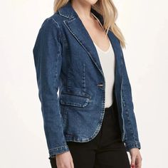 Denim blazer jacket, long sleeve with button closures, seams & center back vent, flap pockets & darts for shape support. Dark wash denim on standard fit. Body length from HPS: 26", Sleeve length: 24", Bust: 36" (Size Small) 99% COTTON 1% SPANDEX Machine wash cold, Tumble dry low. Classic Long Sleeve Denim Jacket With Double Button Closure, Classic Denim Button-up Blazer, Denim Blazer With Welt Pockets, Denim Blazer With Welt Pockets And Long Sleeves, Denim Notch Lapel Outerwear With Button Closure, Classic Single Breasted Denim Blazer, Denim Outerwear With Notch Lapel And Button Closure, Denim Blazer With Patch Pockets And Notch Lapel, Denim Notch Lapel Jacket With Patch Pockets For Work