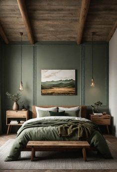 a bedroom with green walls and wooden floors