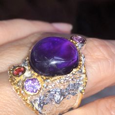 Absolutely Gorgeous One Of A Kind Deep Purple Genuine Amethyst From Africa And Rhodolite, Set In 925 Sterling Silver Overlaid With Multi-Tone 14 K Gold. Over 73 Ct Weight Classy Timeless Design For Unforgettable Moments In Life. 925 Jewelry, Deep Purple, Female Artists, Womens Jewelry Rings, Timeless Design, Sterling Silver Rings, Amethyst, Silver Rings, 925 Sterling Silver