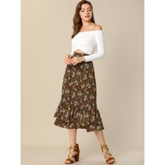 Featuring it's pretty ditsy floral print, this midi skirt is a summery option that can be worn with just about anything. Channel elegant style in this midi skirt, beautifully printed with a blossom print for a versatile look. It is made from lightweight fabric, adds definition to the free-flowing design. Falling to a waterfall midi hem, it sits high on the waist with a discreet side zip fastening. Summer days call for effortlessly feminine styles like the skirt. Flowy Midi Skirt, Ruffle Hem Skirt, Floral Print Skirt, Hem Skirt, Hem Style, Flowy Skirt, Brown Floral, Print Chiffon, Chic Woman