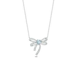 Wrap your love in this sweet aquamarine and diamond bow necklace. Sterling silver The sculpted bow shimmers with diamond-touched and polished ribbons A 5.0mm heart-shaped blue aquamarine centers the design 1/8 ct. t.w. of diamonds 18.0-inch diamond-cut cable chain necklace; spring-ring clasp Fine Jewelry Anniversary Bow Jewelry, Fine Jewelry With Bow For Anniversary, Fine Jewelry Bow For Anniversary, Formal Fine Jewelry With Bow Detail, Formal Fine Jewelry With Bow, Diamond Bow Jewelry As Gift, Diamond Jewelry With Bow For Anniversary, Blue Diamond Necklace, Xoxo Jewelry