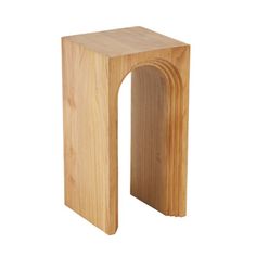 a wooden stool with an arch on the side