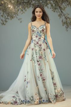 Olivia Mark - Romantic Embroidered Halter Backless Mesh Ball Gown Maxi Dress Patchwork Maxi Dress, Ball Gown With Flowers, Colored Wedding Dress, Dress Collar, Maxi Gown Dress, Embroidered Maxi Dress, Here Comes The Bride, Waist Dress, Types Of Skirts