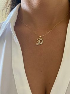 "Diamond initial in 14k yellow gold - Letter size (specifications for letter D): L: 15mm, W: 14mm; 1.56 grams - Chain length: Choose from: 16\", 18\", 20\", 22\" - Please contact me for other chain sizes" Letter D Jewelry, Gold Chain With Initial, Necklace With Initials Letters, Chains With Initials, Letter Gold Necklace, Gold Letter Necklace Initials, Diamond Letter Necklace, Letter Necklace Gold Initial Pendant, D Necklace Initial