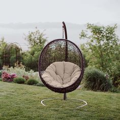 a hanging chair in the middle of a yard