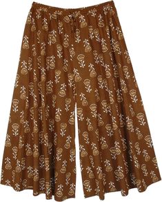 A bohemian streetwear cotton palazzo pants in a charming brown floral print.  These pants have a wide-leg style construction that gives them an extra flowy look. #tlb #SplitSkirtsPants #XLPlus #Printed #bohemianfashion #plussizecottonpants #plussizehippieclothing Bohemian Brown Wide Leg Bottoms, Bohemian Brown Wide Leg Pants For Spring, Boho Print Wide Leg Cotton Bottoms, Wide Leg Boho Print Cotton Bottoms, Wide Leg Cotton Bottoms With Boho Print, Hippie Style Wide Leg Brown Bottoms, Flowy Cotton Maxi Bottoms, Brown Wide Leg Hippie Bottoms, Summer Brown Wide Leg Full Length Pants