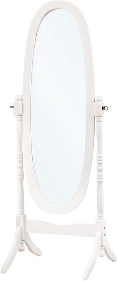 a white wooden stand with a large mirror on it's back end and legs