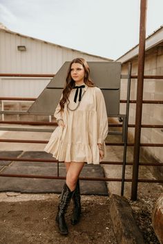 Sutton Woven Dress Apple Picking Outfit Summer, Cowgirl Boots And Dress Outfit, Farmcore Outfit, Suede Fringe Skirt, Long Sleeve Babydoll Dress, Dresses With Cowboy Boots, Western Dresses For Women, Farm Clothes, Country Dresses