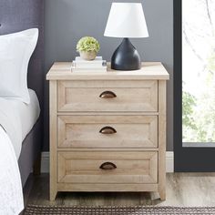 Odette 3 Drawer Nightstand Bedroom Walker Edison White Oak Bedside Organization, White Oak Nightstand, Dresser And Nightstand, Farmhouse Nightstand, Transitional Farmhouse, Walker Edison Furniture, Three Drawer Nightstand, Oak Nightstand, Oak Dresser