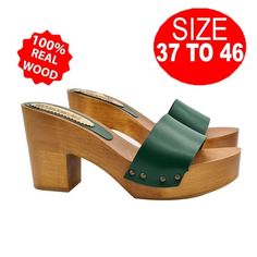 Green, light and chic clogs! Choose our clogs for optimal comfort and a unique style! Brown wooden base clogs Green leather band Heel height 9 cm and plateau 3 cm Stable and comfortable made entirely in ITALY. Craftsmanship. BEFORE COMPLETING YOUR PURCHASE DO NOT FORGET TO CHECK THE SIZE! Length along the curve: 37 EU = 6 US = UK 5 = 24.50 CM + WIDTH 8 CM 38 EU = 7 US = UK5.5 = 25.00 CM + WIDTH 8 CM 39 EU = 8 US = UK 6 = 26.00 CM + WIDTH 8 CM 40 EU = 9 US = UK6.5 = 26.50 CM + WIDTH 8.5 CM 41 EU Green Open Heel Mules, Green Open Toe Mules With Leather Sole, Green Leather Mules With Block Heel, Green Leather Block Heel Mules, Green Leather Mules With Open Heel, Green Leather Open Heel Mules, Green Leather Open-heel Mules, Green Mules With Rubber Sole For Summer, Green Sandals With Wooden Heel For Summer