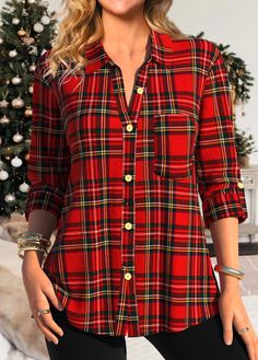 Rotita.com - USD $38.98 Shirt Collar Blouse, Asparagus Casserole, Tartan Plaid Scarf, Plaid Long Sleeve Shirt, Womens Outfits, Red Long Sleeve Shirt, Red Plaid Shirt, Long Sleeve Plaid Shirt, Red Button