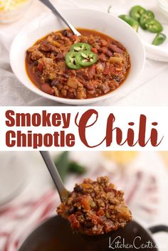 a spoon full of chili with the words smokey chipotle chili above it