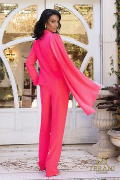 Terani Couture 242E3180 Fall 2024 collection long evening dress. Evening Style, Plastic Dress, Drape Jacket, Long Evening Dress, Romper Suit, Terani Couture, Fuchsia Color, Dress Cover, Crepe Dress