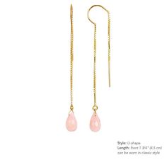 "Beautiful Pink Opal threader earrings. Being October Birthstone, these earrings makes a wonderful jewelry gift for an October Birthday. Handmade by BoutiqueBaltique. Matching necklace: https://etsy.me/3tqUB7q M A T E R I A L S: * natural pink opal * dangling from: thread-through or U-shape threaders * 14k Gold Filled / 14k Rose Gold Filled / Sterling Silver / 14k Solid Gold * our beautiful branded gift box SIZE: * pink opal: 8-9 mm Tall * earrings: - 1 3/4\" (4,5 cm) - on U-shape threaders - 3\ Crystal Briolette Earrings As Gift, Handmade Elegant Dangle Threader Earrings, Elegant Handmade Long Drop Threader Earrings, Elegant Pink Long Drop Earrings, Gift Briolette Crystal Earrings, Elegant Adjustable Threader Earrings, Pink Gold Dangle Earrings With Ear Wire, Rose Gold Pierced Teardrop Earrings For Gift, Pink Long Drop Earrings As Gift