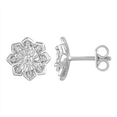 Your look will flourish whenever you wear these dazzling sterling silver diamond flower stud earrings. Your look will flourish whenever you wear these dazzling sterling silver diamond flower stud earrings. Length: 9.4 mm Backings: push-on screw-off Metal: sterling silver Finish: polished Packaging: boxedDIAMOND DETAILS Total weight: 1/6 ct. Shape: round brilliant Setting: illusion, prong Diamond weights are approximate. Diamond total weights may vary between .01 and .08 ct. Some diamonds have fe Gift Diamond Earrings With Brilliant Cut In Flower Shape, Diamond Flower Shaped Earrings With Brilliant Cut For Gifts, Silver Flower Earrings With Diamond Accents, Fine Jewelry Diamond Earrings In Flower Shape, Diamond White Flower-shaped Diamond Earrings As Gift, Silver Flower Diamond Earrings For Formal Occasions, Fine Jewelry Diamond White Flower-shaped Diamond Earrings, Silver Cubic Zirconia Flower-shaped Earrings, Diamond Flower-shaped Earrings With Accents