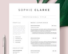 a professional resume template with green leaves on the side and a pen next to it