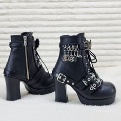 3 3/4" (95mm) Heel, 1 1/4" (32mm) Platform Adjustable Lace-Up Front Ankle Boots Heart Spider Web Buckle Top Strap W/ D-Rings W/ Various Dangling Charms And Bottom Heel Wrapping Harness & Buckle Dual Straps, Inside Metal Zip Closure New In Box Authentic Demonia Punk Ankle-high Platform Boots With Reinforced Heel, Ankle-high Punk Heels For Fall, Punk Style Platform Ankle Boot Heels, Punk Boots With Chunky Platform And Pointed Toe, Punk Ankle-high Platform Heeled Boots, Gothic High Heel Shoes For Fall, Grunge Style Round Toe Platform Boots For Party, Gothic Platform Heels For Fall, Gothic High Heel Heels For Fall