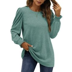 Fantaslook Womens Tunic Tops Crew Neck Long Sleeve Shirts Dressy Blouses This puff sleeve tops for women is a versatile and stylish addition to your wardrobe! Elevate your everyday fashion with womens long sleeve shirts that effortlessly blend comfort and sophistication. The high-quality fabric feels luxuriously soft against your skin, womens tops features crewneck, puff sleeve, pullover, tunic tops, casul style. Dressy blouses for women feature small folds on the shoulders, adding an alluring t Dressy Blouses For Women, Womens Tunic Tops, Puff Sleeve Tops, Dressy Blouses, Tunic Tops Casual, Dressy Blouse, Fall Wear, Tops Casual, Women Tunic Tops