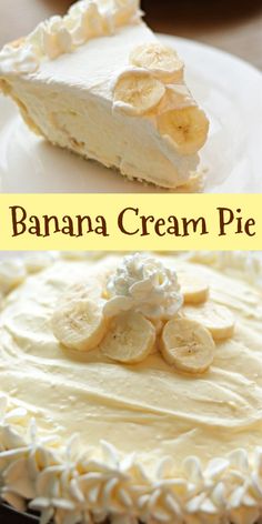 two different pictures of a banana cream pie