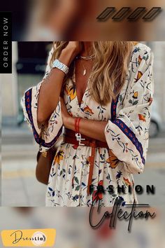 Fashion Printed Bohemian Long Dress Spring Bohemian V-neck Dress, Hippie V-neck Mini Dress For Spring, Hippie V-neck Dresses For Spring, Bohemian V-neck Maxi Dress For Spring, Bohemian V-neck Dresses For Spring, Fitted Bohemian Dress For Brunch, Spring Patterned V-neck Boho Dress, Bohemian Printed Tunic Dress, Fall Floral Print Boho Beach Dress